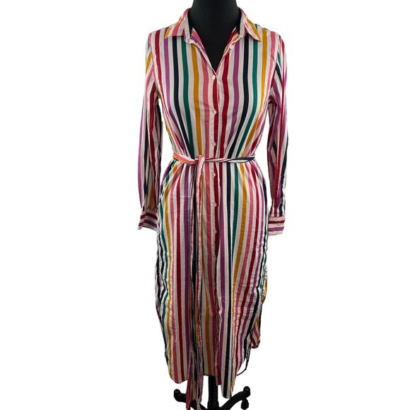 J. Crew Rainbow Striped Shirt Dress Belted Cotton Long Sleeves Knee Length Sz XS - Picture 3 of 12